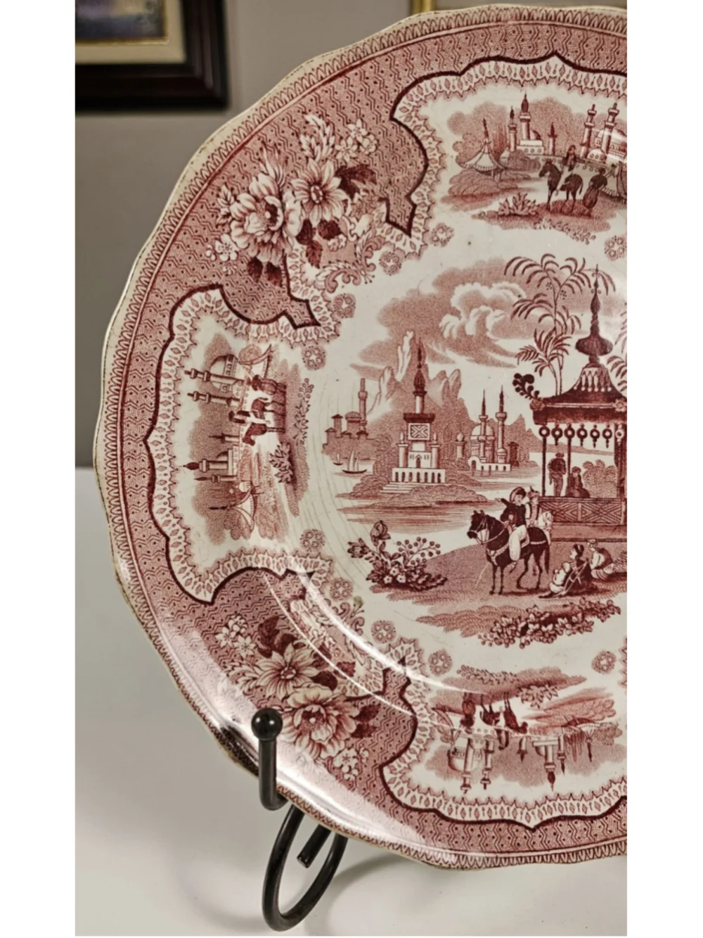 Antique Adams Palestine Red Transferware Plate 1830s Staffordshire Pink 9”